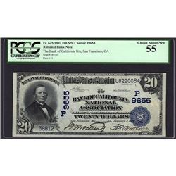 1902 $20 San Francisco National Bank Note PCGS 55