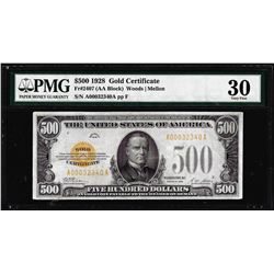 1928 $500 Gold Certificate Note PMG 30