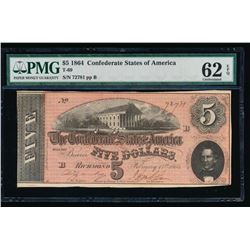 1864 $5 Confederate States of America Note PMG 62EPQ