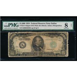 1934 $1000 Dallas Federal Reserve Note PMG 8NET