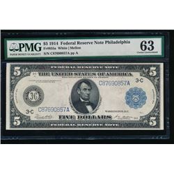 1914 $5 Philadelphia Federal Reserve Note PMG 63