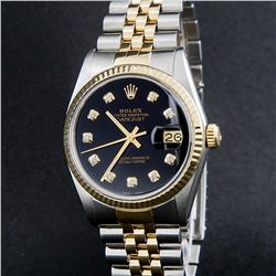 Rolex Mens 2 Tone 14K Black Diamond 36MM Datejust Wristwatch