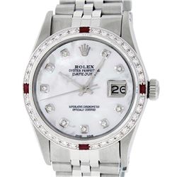 Rolex Mens Stainless Steel MOP Diamond & Ruby 36MM Datejust Wristwatch