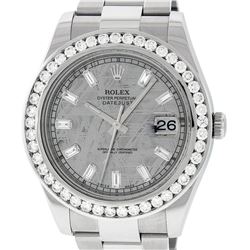 Rolex Mens SS 41MM Meteorite Baguette Diamond Datejust 2 Oyster Band Wristwatch