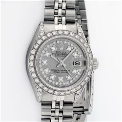 Rolex Ladies Stainless Steel 26MM Slate Grey String Diamond Lugs Datejust Wristw