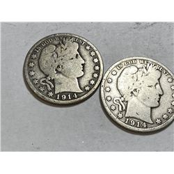 (2) 1914s Barber Half Dollars