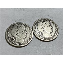 (2) 1915s Barber Half Dollars Full Rim