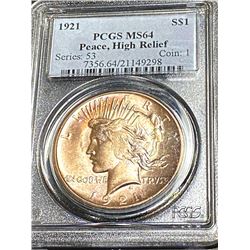 1921 Hi Relief MS 64 PCGS Peace Silver Dollar
