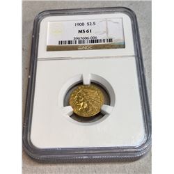 1908 MS 61 NGC $2.5 Gold Indian Coin