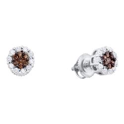 1/2 CTW Brown Diamond Halo Flower Cluster Screwback Stud Earrings 14kt White Gold - REF-33N3Y