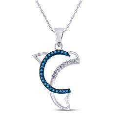 1/10 CTW Round Blue Color Enhanced Diamond Dolphin Animal Pendant 10kt White Gold - REF-8M4A