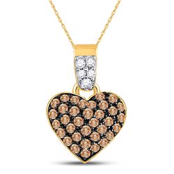 3/8 CTW Brown Round Cluster Diamond Heart Pendant 10kt Yellow Gold - REF-14Y4X
