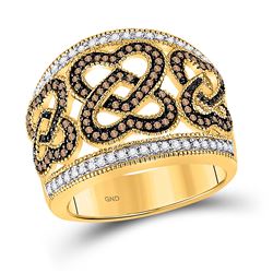 1/2 CTW Round Brown Diamond Joined Heart Ring 10kt Yellow Gold - REF-41T9K