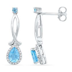 1 CTW Pear Lab-Created Blue Topaz Diamond Dangle Earrings 10kt White Gold - REF-18Y3X