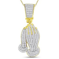 3/8 CTW Mens Round Diamond Praying Hands Faith Charm Pendant 10kt Yellow Gold - REF-30W3F