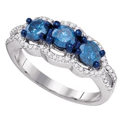 1 & 1/5 CTW Round Blue Color Enhanced Diamond 3-stone Bridal Wedding Ring 10kt White Gold - REF-77A9