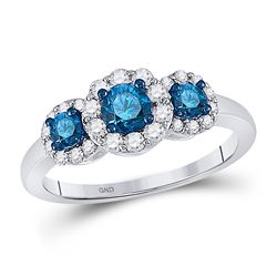 1 CTW Round Blue Color Enhanced Diamond 3-stone Bridal Wedding Ring 10kt White Gold - REF-47H9W