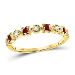1/8 CTW Princess Ruby Diamond Square Dot Milgrain Stackable Ring 10kt Yellow Gold - REF-13F2M