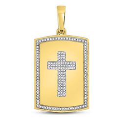 1/3 CTW Mens Round Diamond Cross Dog Tag Charm Pendant 10kt Yellow Gold - REF-35Y9X