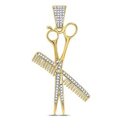1/3 CTW Mens Round Diamond Barber Scissors Comb Clippers Charm Pendant 10kt Yellow Gold - REF-30K3R