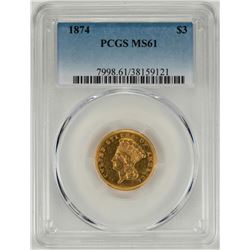 1874 $3 Indian Princess Head Gold Coin PCGS MS61
