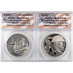 2018-P Proof $1 WWI Centennial Coin & Coast Guard Medal Set ANACS PR70 DCAM First Release