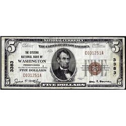 1929 $5 Citizens NB of Washington, Pennsylvania CH# 3383 National Currency Note