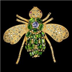 Natural Sapphire, Ruby & Chrome Diopside Bee Brooch
