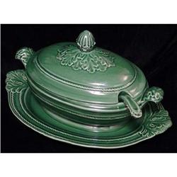 Green Ceramic Soup Tureen, Underplate and Ladle #986503