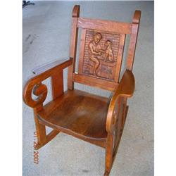 ANTIQUE HEAVILY CARVED BACK OAK ROCKER #995939