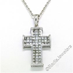 18kt White Gold 1.31 ctw Invisible Set Princess Cut Diamond Cross Pendant Neckla