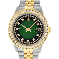 Rolex Mens 2 Tone Green Vignette String VS 3 ctw Channel Set Diamond Datejust Wr