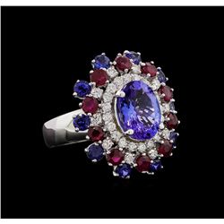 14KT White Gold 3.58 ctw Tanzanite, Sapphire, Ruby and Diamond Ring