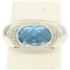 Image 1 : 14K White Gold Oval Checkerboard Cut Bezel Blue Topaz Solitaire & Diamond Ring