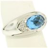 Image 3 : 14K White Gold Oval Checkerboard Cut Bezel Blue Topaz Solitaire & Diamond Ring