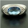 Image 6 : 14K White Gold Oval Checkerboard Cut Bezel Blue Topaz Solitaire & Diamond Ring