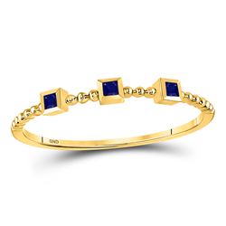 1/20 CTW Princess Blue Sapphire 3-Stone Beaded Stackable Ring 10kt Yellow Gold - REF-5N9Y