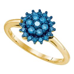 1/2 CTW Round Blue Color Enhanced Diamond Flower Cluster Ring 10kt Yellow Gold - REF-21T5K
