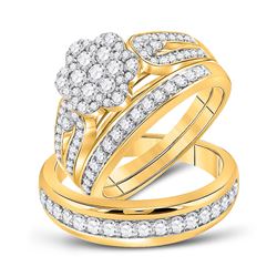 1 & 1/3 CTW His & Hers Round Diamond Cluster Matching Bridal Wedding Ring 10kt Yellow Gold - REF-75W