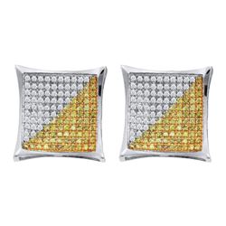 1/4 CTW Mens Round Yellow Color Enhanced Diamond Square Cluster Earrings 10kt White Gold - REF-11F9M