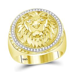 1/3 CTW Mens Round Diamond Lion Head Mane Ring 10kt Yellow Gold - REF-65X9T