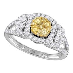 1 & 1/5 CTW Round Yellow Diamond Cluster Bridal Wedding Engagement Ring 14kt White Gold - REF-90T3K