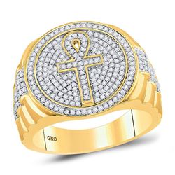 3/4 CTW Mens Round Diamond Ankh Cross Cluster Ring 10kt Yellow Gold - REF-69X6T