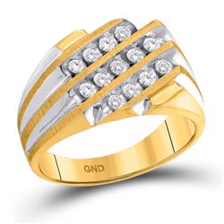 1/2 CTW Mens Round Diamond Triple Row Cluster Ring 10kt Yellow Gold - REF-33W3F