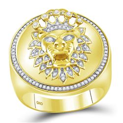 3/8 CTW Mens Round Diamond Lion Crown Cluster Ring 10kt Yellow Gold - REF-63W5F