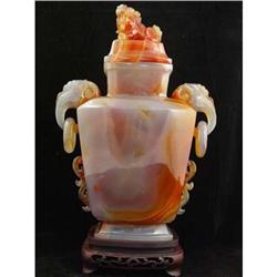 13.6" Red Brazilian Agate Fu Lion Foo Dogs Vase#1008862