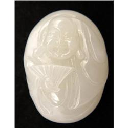 White Jade Laughing Buddha Waving A Fan Pebble #981030