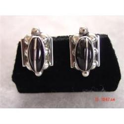 Estate Art Deco Mexican Sterling Onyx Earrings#1022517