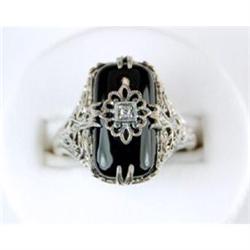 ANTIQUE Filigree Ring BLACK ONYX DIAMOND #1023079