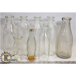 LOT OF 7  GLASS BOTTLES - MILK/COKE/MISC